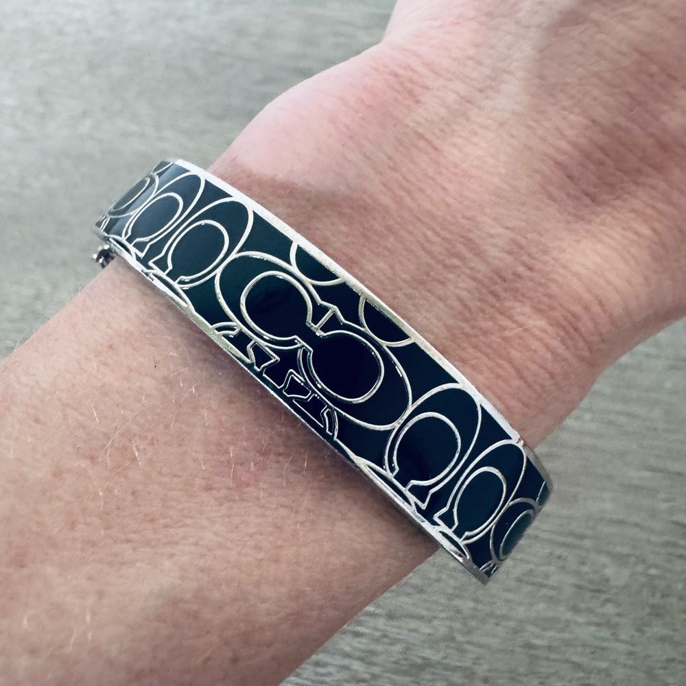 Coach Silver Black Enamel C Logo Cuff Bangle Bracelet - Picture 2 of 5